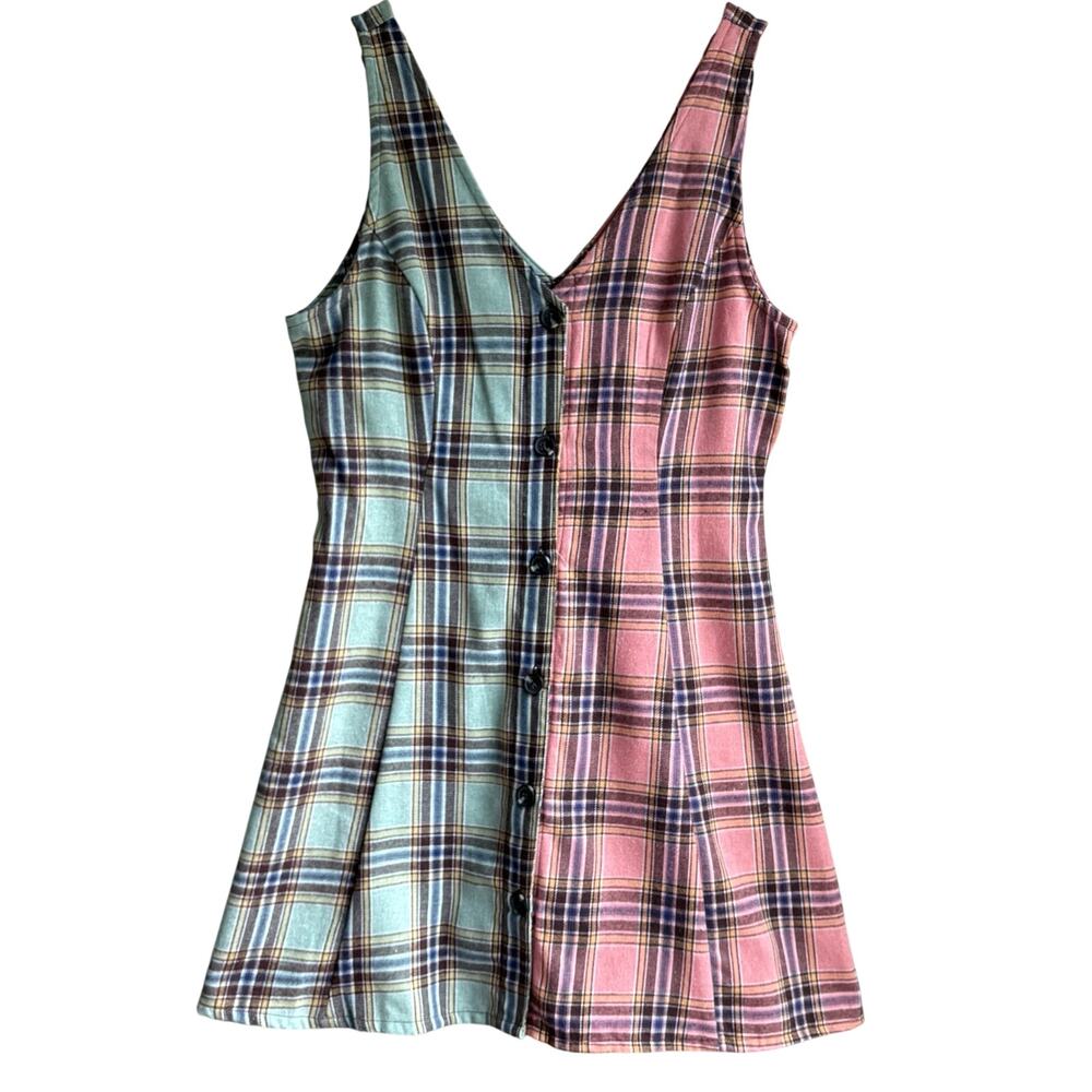 Stitch & Pine Button Front Sleeveless Mini Dress Plaid Retro Grunge 90s S/L